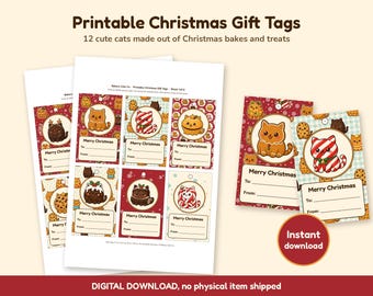 Utskrivbara julklappsetiketter, söta kattpresentetiketter, julklappsetiketter, kawaii matkattetiketter, direktnedladdning, A4 och US Letter