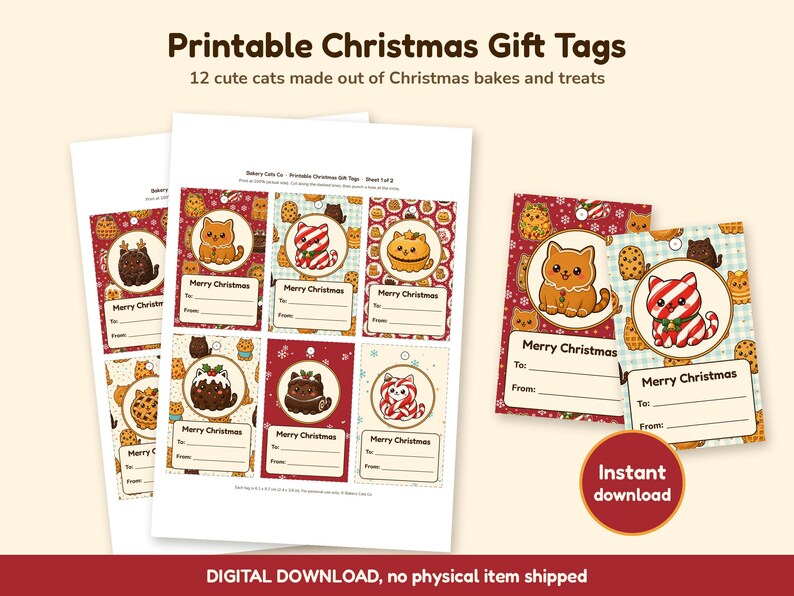 Printable Christmas Gift Tags, Cute Cat Gift Tags, Bakery Food Cat Xmas Tags, Kawaii Christmas Labels, Instant Download, A4 and US Letter image 1