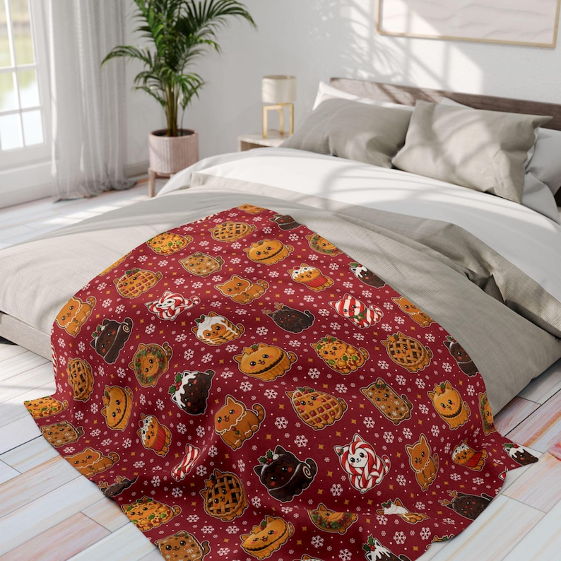 Couverture de Noël pour chats, adorables chats confectionnés à partir de gâteaux de Noël, plaid en polaire rouge, cadeau festif pour les amoureux des chats, couverture douillette pour canapé, imprimée au Royaume-Uni image 12