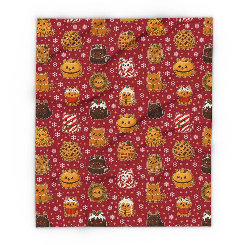 Couverture de Noël pour chats, adorables chats confectionnés à partir de gâteaux de Noël, plaid en polaire rouge, cadeau festif pour les amoureux des chats, couverture douillette pour canapé, imprimée au Royaume-Uni image 7