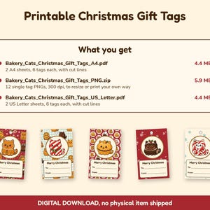 Printable Christmas Gift Tags, Cute Cat Gift Tags, Bakery Food Cat Xmas Tags, Kawaii Christmas Labels, Instant Download, A4 and US Letter image 4