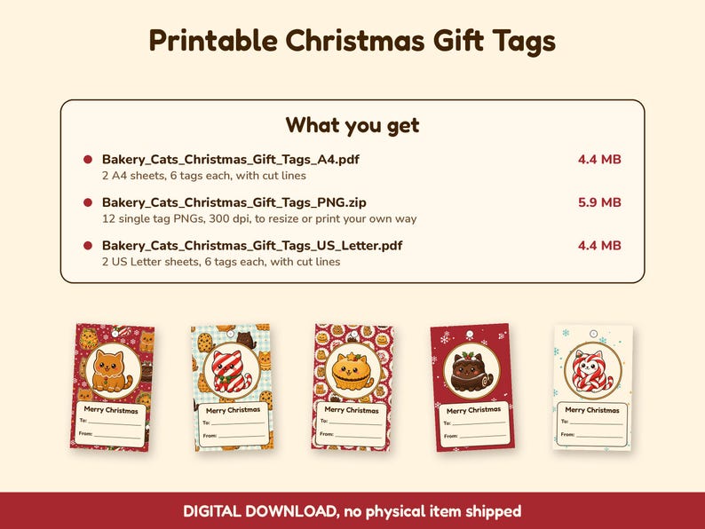 Printable Christmas Gift Tags, Cute Cat Gift Tags, Bakery Food Cat Xmas Tags, Kawaii Christmas Labels, Instant Download, A4 and US Letter image 4
