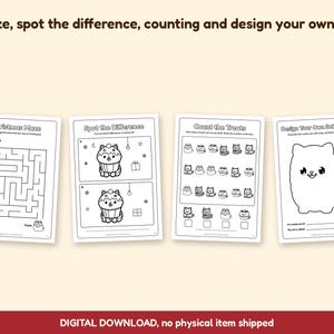 Puede incluir: Un conjunto de cuatro hojas de actividades imprimibles con dibujos de l&iacute;neas en blanco y negro. Las p&aacute;ginas incluyen un laberinto navide&ntilde;o, un juego de encontrar diferencias con un gato cupcake, un ejercicio de conteo y una p&aacute;gina de dise&ntilde;o.