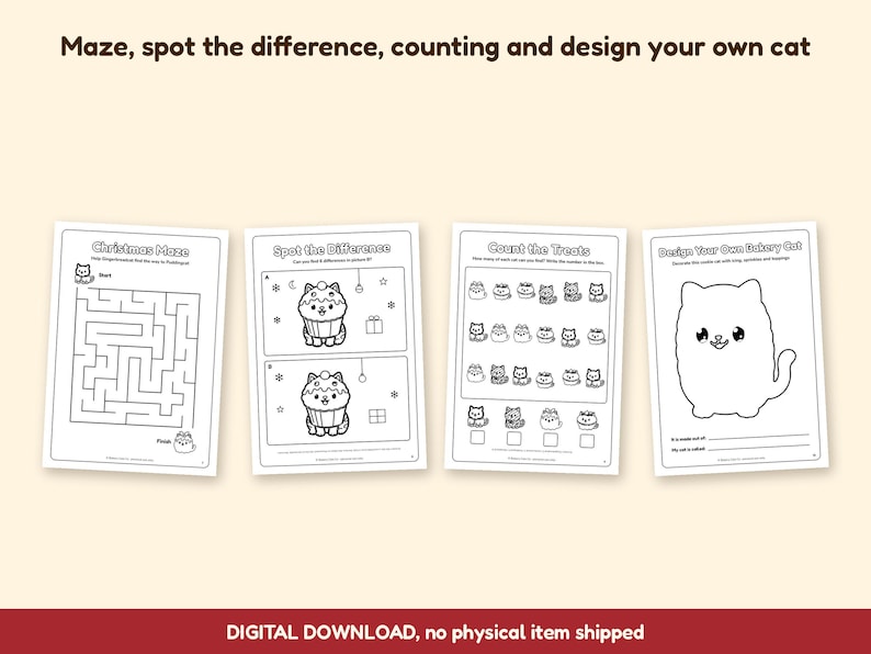 Puede incluir: Un conjunto de cuatro hojas de actividades imprimibles con dibujos de l&iacute;neas en blanco y negro. Las p&aacute;ginas incluyen un laberinto navide&ntilde;o, un juego de encontrar diferencias con un gato cupcake, un ejercicio de conteo y una p&aacute;gina de dise&ntilde;o.