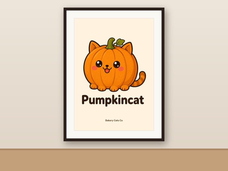 Op de afbeelding: Een ingelijste kunstdruk met een oranje pompoen in de vorm van een kat met oren, een staart en een lachend gezicht. Onder de illustratie staat de tekst Pumpkincat in vetgedrukte letters, met de kleinere tekst Dakery Cats Co eronder.