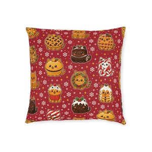 Christmas Cat Cushion 18 inch, Two Sided Cats Made Out of Bakes, Red and Cream Throw Pillow, Cat Lover Gift, Festive Sofa Cushion