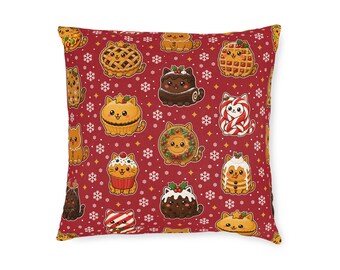 Christmas Cat Cushion 18 inch, Two Sided Cats Made Out of Bakes, Red and Cream Throw Pillow, Cat Lover Gift, Festive Sofa Cushion