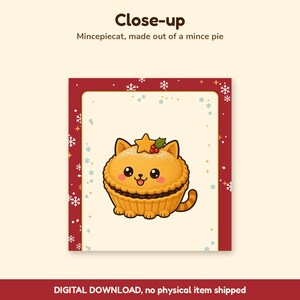 Op de afbeelding: Een digitale illustratie van een Mincepiecat, een kat in de vorm van een mince pie, met een goudkleurige korst, een stervormige topping met hulstbessen en een gestreepte staart. De tekst luidt Close-up en Mincepiecat, made out of a mince pie.