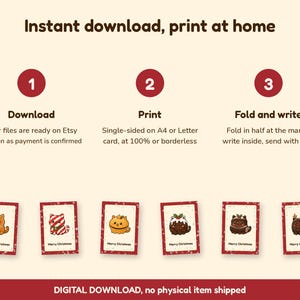 Op de afbeelding: Een grafische weergave met instructies voor digitale download in drie stappen: 1 Downloaden, 2 Printen, 3 Vouwen en schrijven. Hieronder staan zes rechthoekige kaarten met illustraties van katten en lekkernijen met de tekst Merry Christmas.