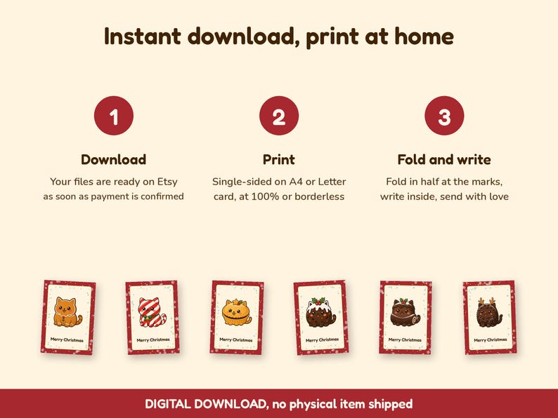 Op de afbeelding: Een grafische weergave met instructies voor digitale download in drie stappen: 1 Downloaden, 2 Printen, 3 Vouwen en schrijven. Hieronder staan zes rechthoekige kaarten met illustraties van katten en lekkernijen met de tekst Merry Christmas.