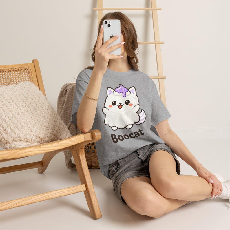 Boocat Halloween T-Shirt, Cute Ghost Cat Tee, Kawaii Meringue Shirt, Unisex Spooky Season Gift image 6