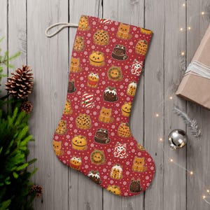 クリスマス猫ストッキング、猫好きのための赤いサンタストッキング、かわいいクリスマスストッキングデコレーション、猫好きへのギフト、焼き菓子で作られた雪のベーカリー猫 画像 3