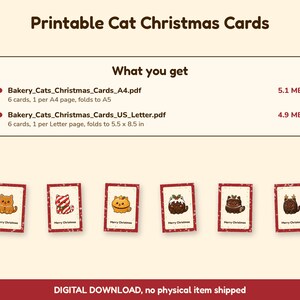 Op de afbeelding: Zes printbare kerstkaarten met getekende katten in de vorm van gebakjes. De tekst luidt: Printable Cat Christmas Cards, What you get, Bakery_Cats_Christmas_Cards_A4.pdf, Bakery_Cats_Christmas_Cards_US_Letter.pdf, Merry Christmas, en DIGITAL DOWNLOAD, no physical item shipped.