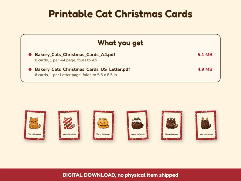 Op de afbeelding: Zes printbare kerstkaarten met getekende katten in de vorm van gebakjes. De tekst luidt: Printable Cat Christmas Cards, What you get, Bakery_Cats_Christmas_Cards_A4.pdf, Bakery_Cats_Christmas_Cards_US_Letter.pdf, Merry Christmas, en DIGITAL DOWNLOAD, no physical item shipped.
