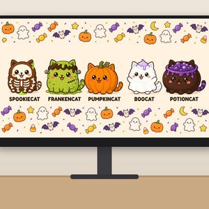 May include: A computer monitor displaying a graphic with five cartoon cats labelled Spookiecat, Frankencat, Pumpkincat, Boocat, and Potioncat, surrounded by a border of small pumpkins, ghosts, bats, stars, and sweets on a cream background.