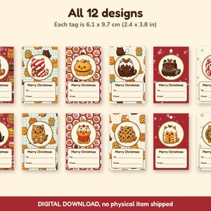 Printable Christmas Gift Tags, Cute Cat Gift Tags, Bakery Food Cat Xmas Tags, Kawaii Christmas Labels, Instant Download, A4 and US Letter image 3