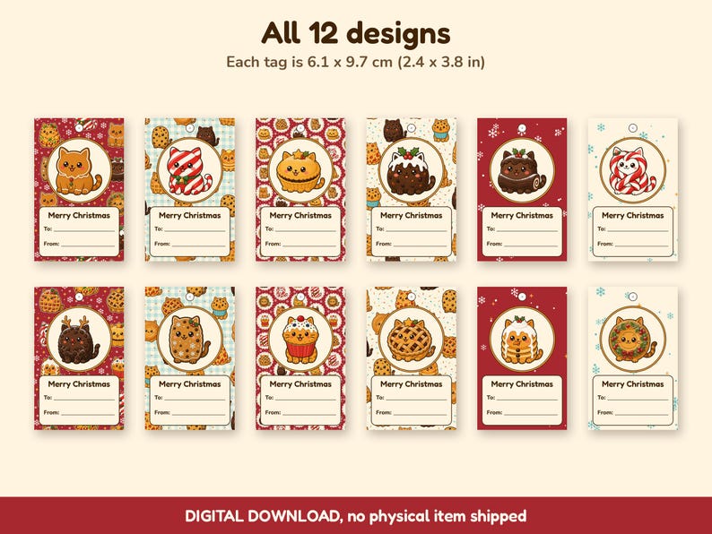 Printable Christmas Gift Tags, Cute Cat Gift Tags, Bakery Food Cat Xmas Tags, Kawaii Christmas Labels, Instant Download, A4 and US Letter image 3