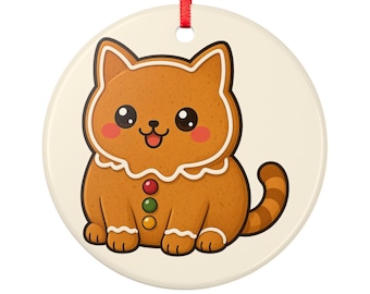 Gingerbread Cat Christmas Ornament, Ceramic Cat Bauble, Cute Food Cat Tree Decoration, Secret Santa Gift for Cat Lovers, Stocking Filler