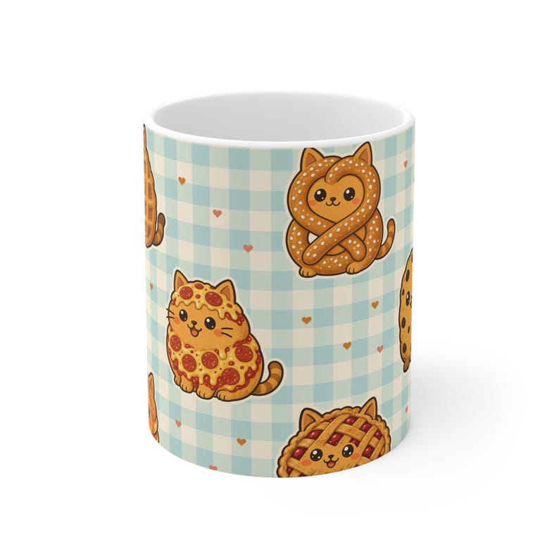 Leuke kattenmok, katten gemaakt van gebak en snoepjes, geruite kawaii koffiemok 325 ml, cadeau voor kattenliefhebbers, cadeau voor kattenmoeders, theemok voor fijnproevers, bedrukt in het VK afbeelding 1