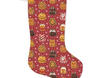 Christmas Cat Stocking, Snowy Bakery Cats Made Out of Christmas Bakes, Red Santa Stocking for Cat Lovers, Xmas Stocking Decoration, Cat Gift
