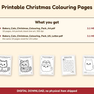 Puede incluir: P&aacute;ginas para colorear de Navidad imprimibles con dibujos de l&iacute;neas negras de gatos. Incluye dos archivos PDF: Bakery_Cats_Christmas_Colouring_Pack_A4.pdf y Bakery_Cats_Christmas_Colouring_Pack_US_Letter.pdf, cada uno con 10 p&aacute;ginas de dise&ntilde;os felinos.