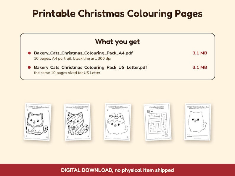 Puede incluir: P&aacute;ginas para colorear de Navidad imprimibles con dibujos de l&iacute;neas negras de gatos. Incluye dos archivos PDF: Bakery_Cats_Christmas_Colouring_Pack_A4.pdf y Bakery_Cats_Christmas_Colouring_Pack_US_Letter.pdf, cada uno con 10 p&aacute;ginas de dise&ntilde;os felinos.