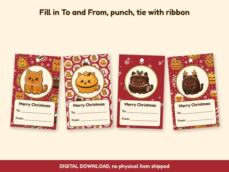 Printable Christmas Gift Tags, Cute Cat Gift Tags, Bakery Food Cat Xmas Tags, Kawaii Christmas Labels, Instant Download, A4 and US Letter image 2
