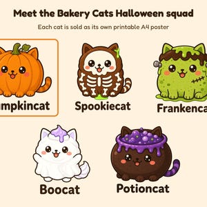 Op de afbeelding: Een digitale illustratie getiteld Meet the Bakery Cats Halloween squad met vijf cartoonkatten: Pumpkincat, Spookiecat, Frankencat, Boocat en Potioncat. Elke kat heeft een uniek Halloween-ontwerp met heldere kleuren en expressieve gezichten.