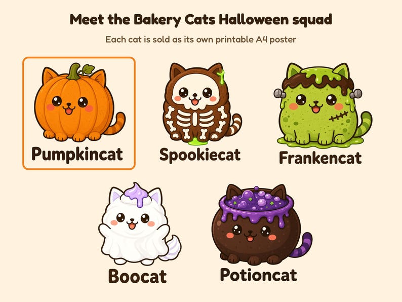Op de afbeelding: Een digitale illustratie getiteld Meet the Bakery Cats Halloween squad met vijf cartoonkatten: Pumpkincat, Spookiecat, Frankencat, Boocat en Potioncat. Elke kat heeft een uniek Halloween-ontwerp met heldere kleuren en expressieve gezichten.