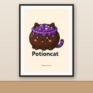 May include: A framed art print featuring a brown cat shaped like a cauldron filled with bubbling purple liquid and small green stars. The text Potioncat is printed below the cat, with the text Bakery Cats Co at the bottom of the print.