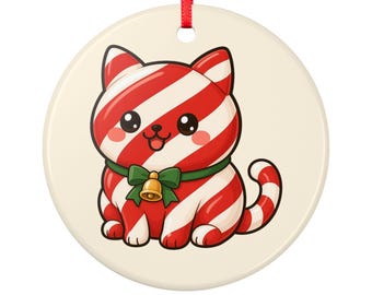Julgransprydnad, Kattkula av polkagrisstång, Keramisk träddekoration, Söt kattprydnad, Julklapp, Gåva till kattälskare, Polkagriskatt