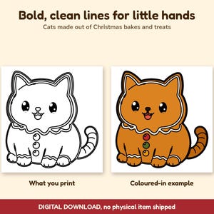 Puede incluir: Una p&aacute;gina para colorear digital con un gato con forma de galleta de jengibre con el texto Bold, clean lines for little hands y Cats made out of Christmas bakes and treats. Incluye una versi&oacute;n en blanco y negro y un ejemplo coloreado.