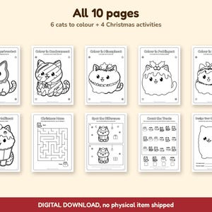 Puede incluir: Un conjunto de 10 p&aacute;ginas para colorear imprimibles con 6 ilustraciones de gatos y 4 actividades navide&ntilde;as. Las p&aacute;ginas incluyen dibujos lineales de gatos como dulces festivos, un laberinto, busca las diferencias y tareas de conteo.