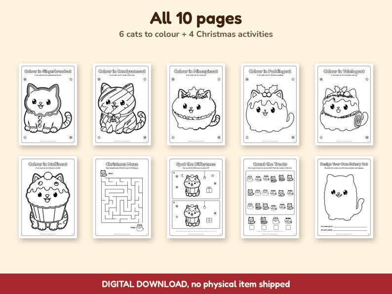 Puede incluir: Un conjunto de 10 p&aacute;ginas para colorear imprimibles con 6 ilustraciones de gatos y 4 actividades navide&ntilde;as. Las p&aacute;ginas incluyen dibujos lineales de gatos como dulces festivos, un laberinto, busca las diferencias y tareas de conteo.