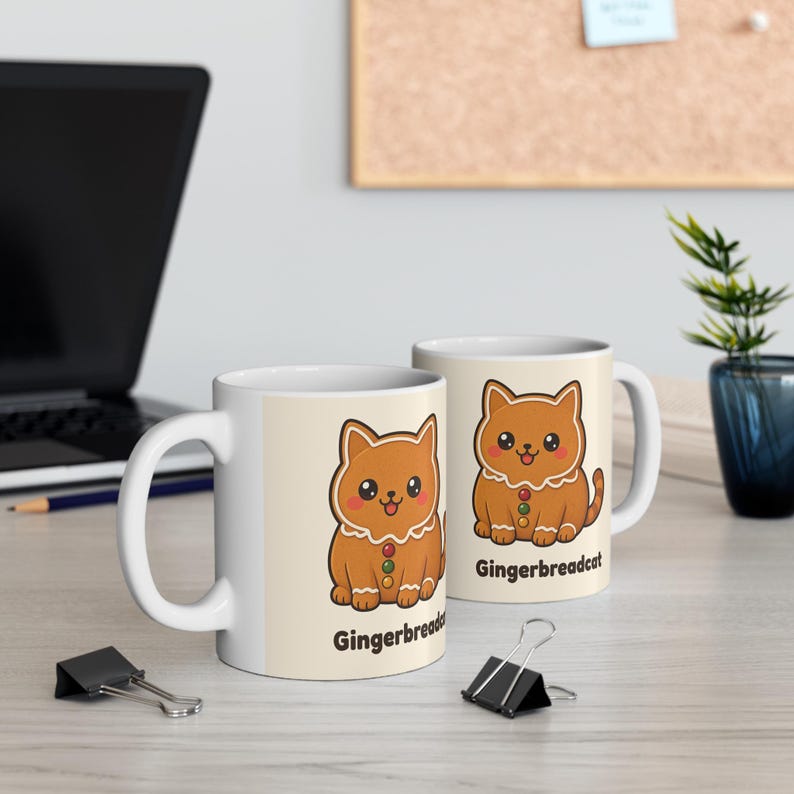 Weihnachtstasse, Lebkuchenkatzen-Tasse, süße Katzen-Kaffeetasse, 325 ml Keramiktasse, Wichtelgeschenk, Kleinigkeit für den Nikolausstiefel, Katzengeschenk, Lebkuchenkatze Bild 5