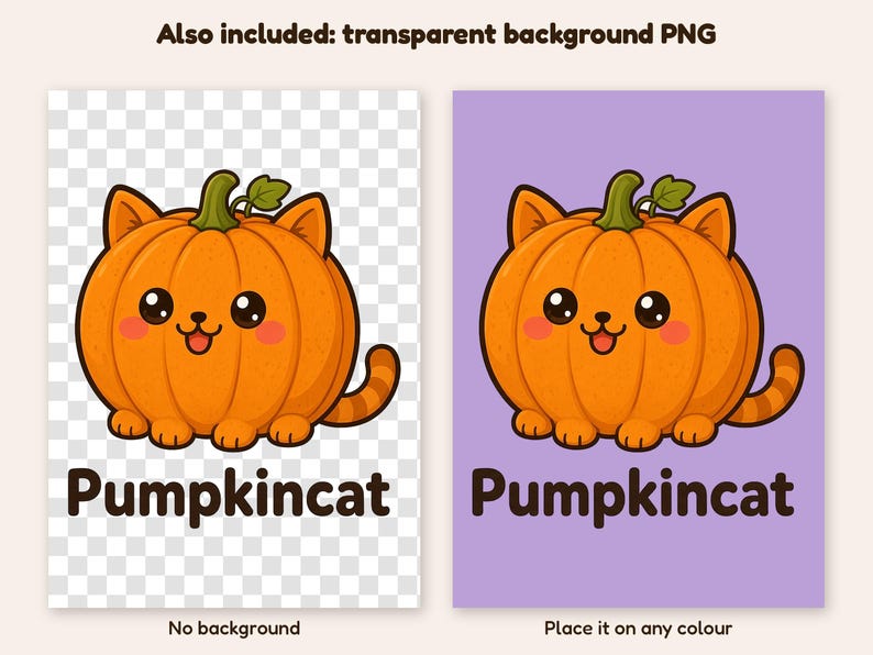 Op de afbeelding: Een digitale illustratie van een ronde oranje pompoen in de vorm van een kat met een groene steel, kleine oortjes, een staart en een lachend gezicht. Onder het figuur staat de tekst Pumpkincat in een vetgedrukt, donkerbruin lettertype.