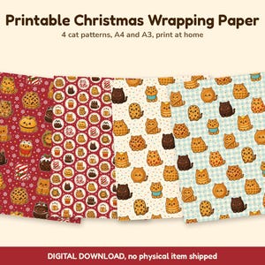 Op de afbeelding: Vier vellen printbaar kerstinpakpapier met kattenpatronen. De tekst luidt: Printable Christmas Wrapping Paper, 4 cat patterns, A4 and A3, print at home, DIGITAL DOWNLOAD, no physical item shipped.