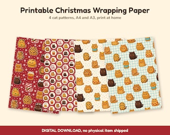 Utskrivbart julklappspapper, presentpapper för söt katt, digitalt julpapper, mönster för matkatt, A4 och A3 direktnedladdning