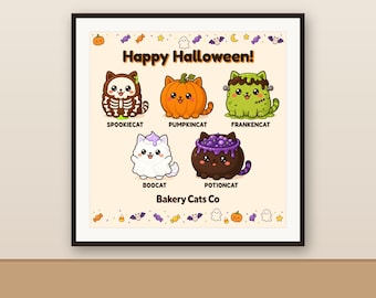 Op de afbeelding: Een vierkante print met de tekst Happy Halloween! en Bakery Cats Co. Het toont vijf cartoonkatten: Spookiecat in een skeletpak, Pumpkincat, groene Frankencat, witte Boocat en Potioncat met een paarse ketel.