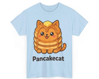 Pannkakskatt-T-shirt, rolig frukostkatt-T-shirt, pannkaksälskare-present, söt matälskare-T-shirt, kattälskare-present, unisex bageri-katt-T-shirt, pannkakskatt
