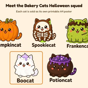 May include: A digital illustration titled Meet the Bakery Cats Halloween squad featuring five cat characters: Pumpkincat, Spookiecat, Frankencat, Boocat, and Potioncat. Each cat has a distinct Halloween-themed costume and name printed below it.