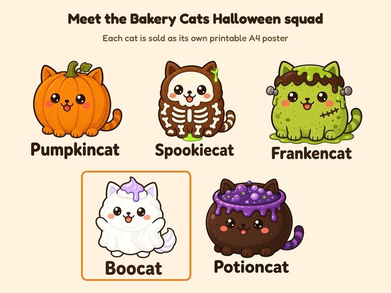 May include: A digital illustration titled Meet the Bakery Cats Halloween squad featuring five cat characters: Pumpkincat, Spookiecat, Frankencat, Boocat, and Potioncat. Each cat has a distinct Halloween-themed costume and name printed below it.