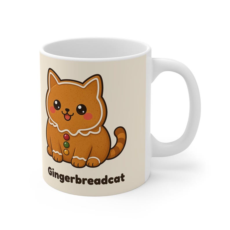 Weihnachtstasse, Lebkuchenkatzen-Tasse, süße Katzen-Kaffeetasse, 325 ml Keramiktasse, Wichtelgeschenk, Kleinigkeit für den Nikolausstiefel, Katzengeschenk, Lebkuchenkatze Bild 3