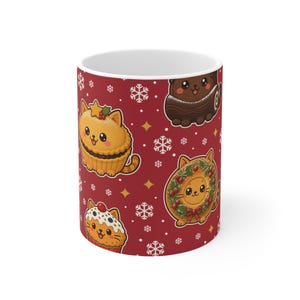 Kerstmok met kattenprint, gemaakt van kerstgebakjes door Snowy Bakery, rode koffiemok van 325 ml, Sinterklaascadeau voor kattenliefhebbers, leuk als cadeautje voor in de kerstsok.