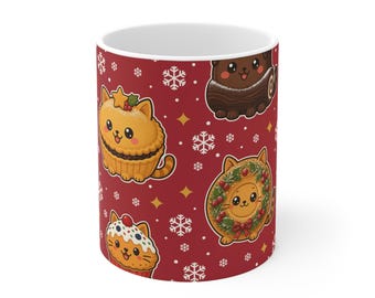 Julkattmugg, röd 340 ml kaffemugg för kattälskare, hemlig julklapp, julklapp, snöiga bagerikatter gjorda av julgranskulor