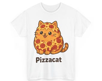 May include: A white t-shirt featuring a graphic of an orange cat covered in melted cheese and pepperoni slices, resembling a pizza. Below the cat illustration, the text Pizzacat is printed in a dark brown, bold, sans-serif font.