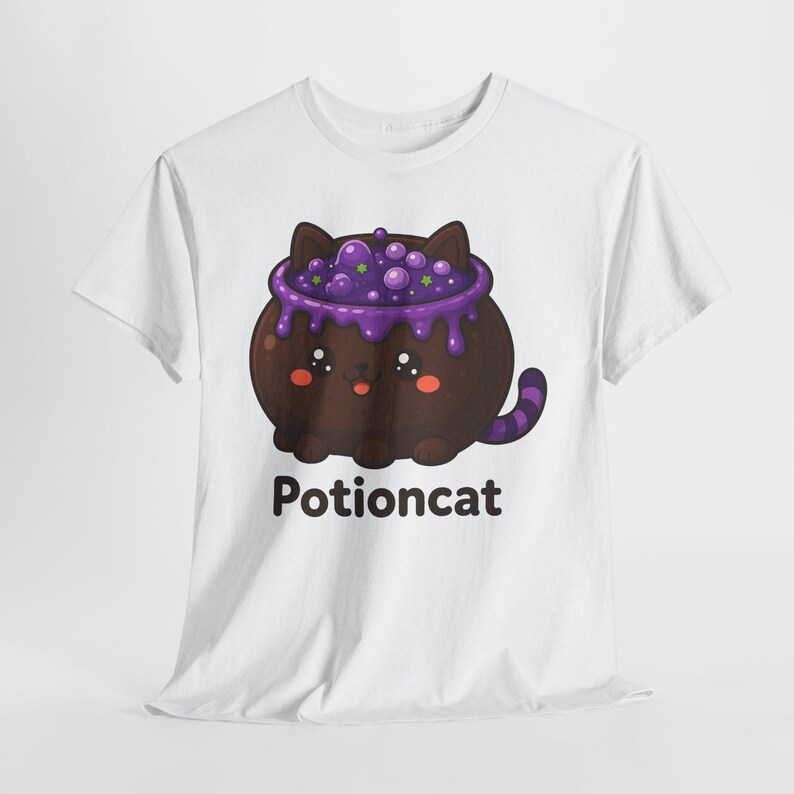 T-shirt met heksenkat voor Halloween, schattig T-shirt met heksenkat, kawaii T-shirt met heksenketel en toverdrank, unisex heksenachtig cadeau afbeelding 6
