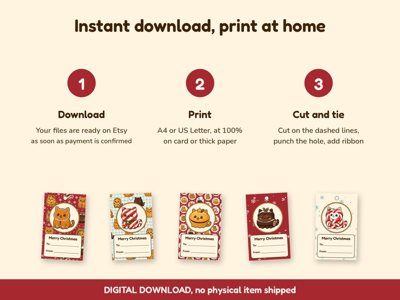 Printable Christmas Gift Tags, Cute Cat Gift Tags, Bakery Food Cat Xmas Tags, Kawaii Christmas Labels, Instant Download, A4 and US Letter image 5