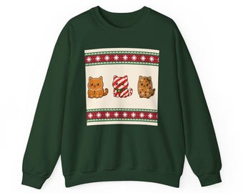 Jultröja, katttröja, Fair Isle jultröja, unisex festlig tröja, kattälskargåva, pepparkakskatt, Candycanecat, Cookiecat