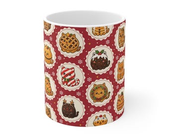 Julmugg för katt, röd 340 g kaffemugg för kattälskare, present till hemlig tomte, fyllnadsmaterial, runda kakformar, katter gjorda av bakverk